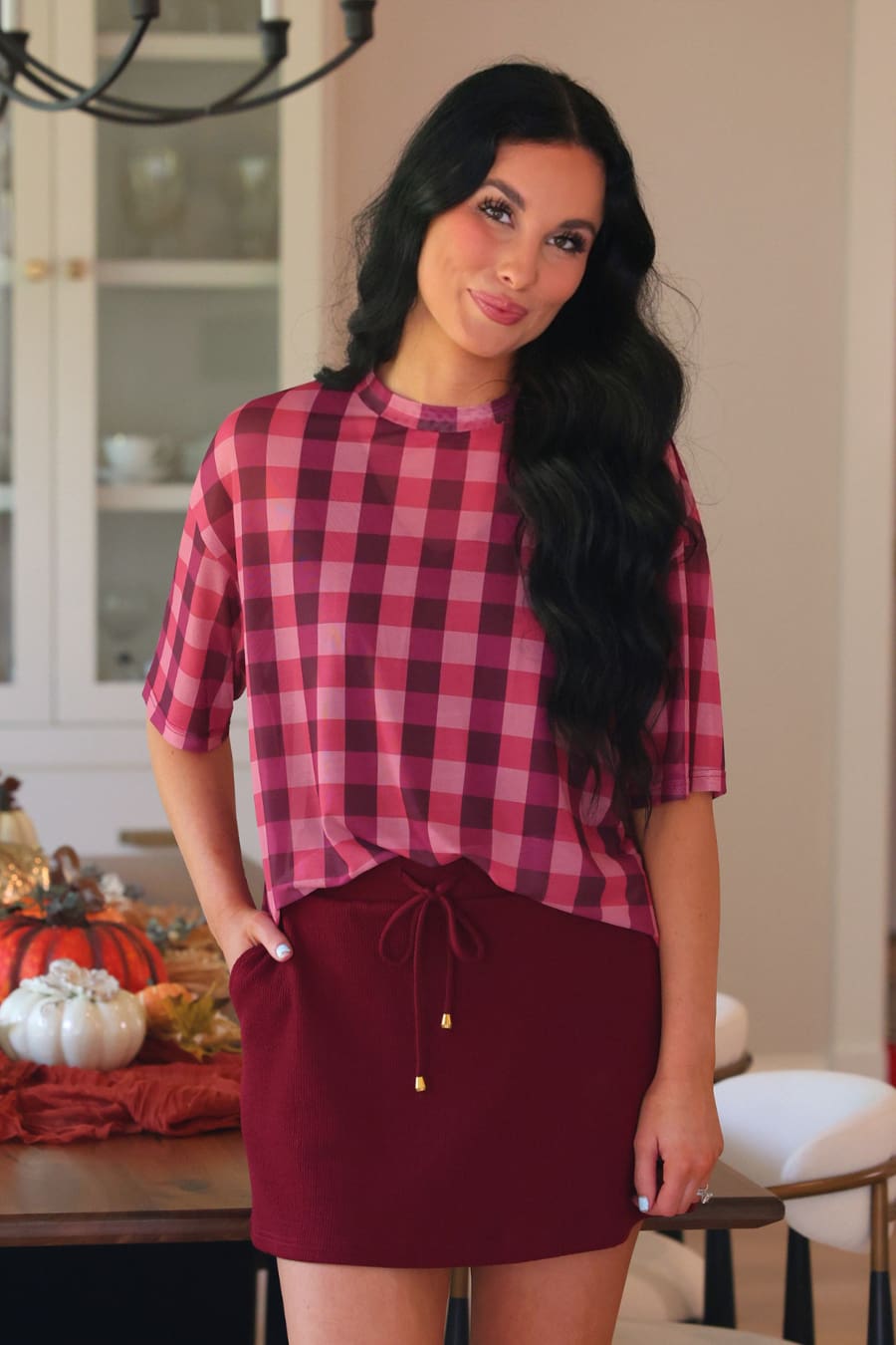 Emma Mesh Tee- Cranberry Gingham