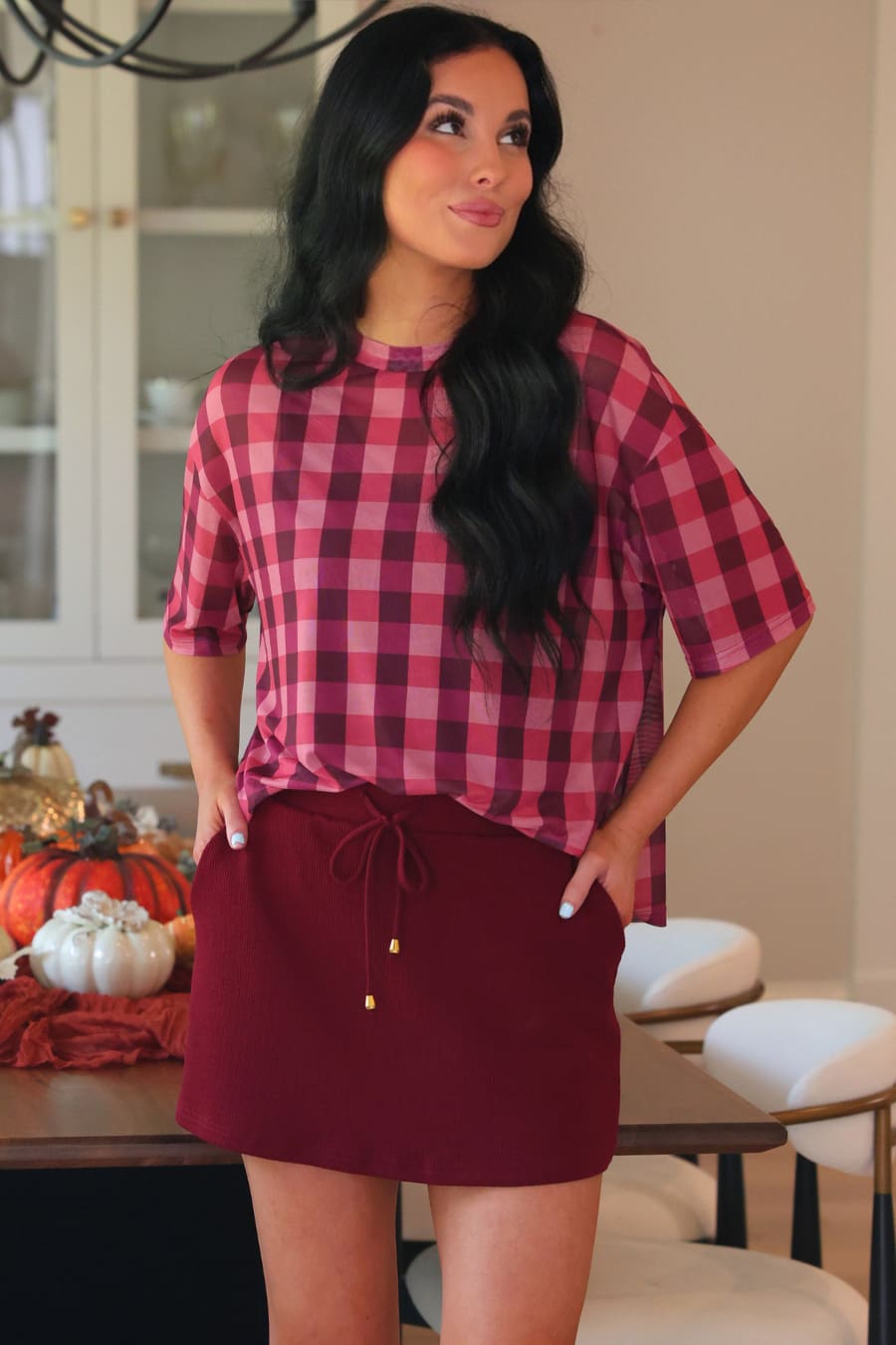 Emma Mesh Tee- Cranberry Gingham