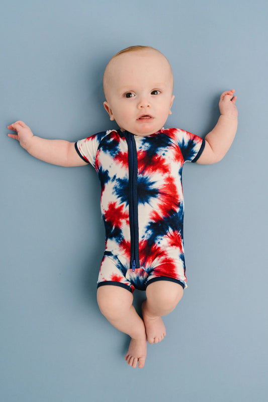 Little One Shop: Firecracker Tie Dye Bamboo Shortie Romper