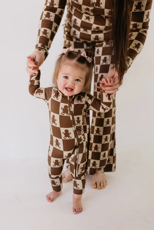 Forever French Baby: Gingerbread Checkerboard Bamboo Zippy Romper