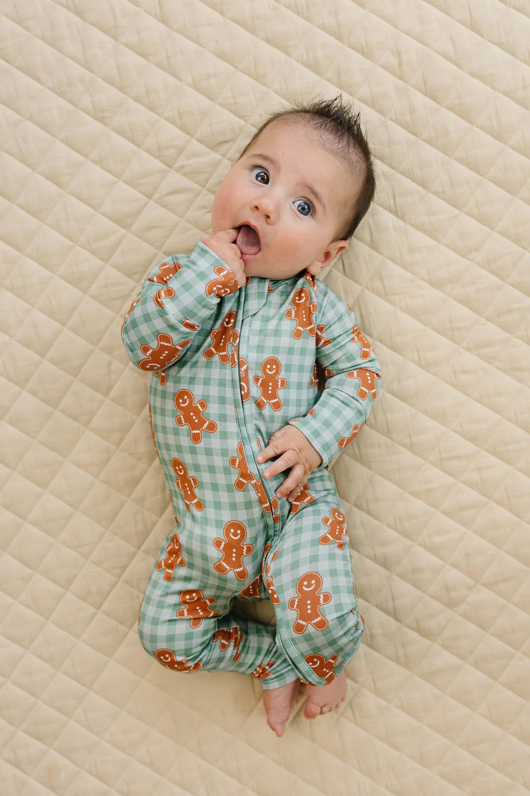 Lucky Panda Kids: Gingerbread Gingham Bamboo Zippy Romper
