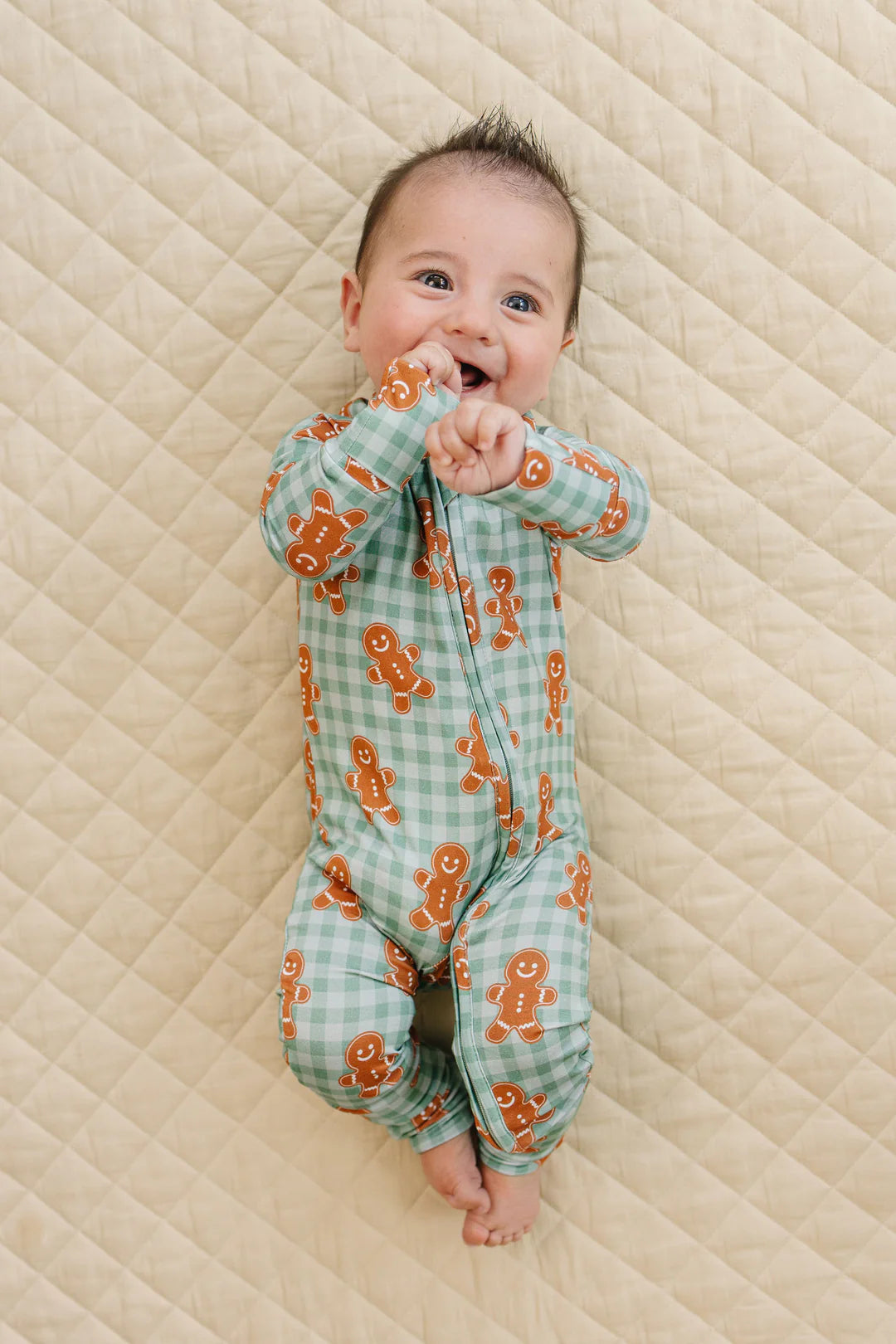 Lucky Panda Kids: Gingerbread Gingham Bamboo Zippy Romper