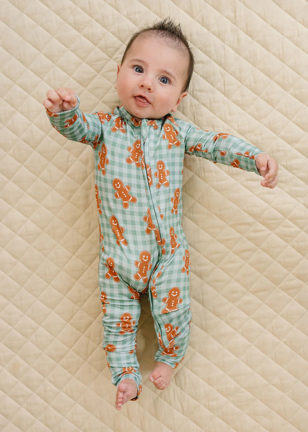 Lucky Panda Kids: Gingerbread Gingham Bamboo Zippy Romper