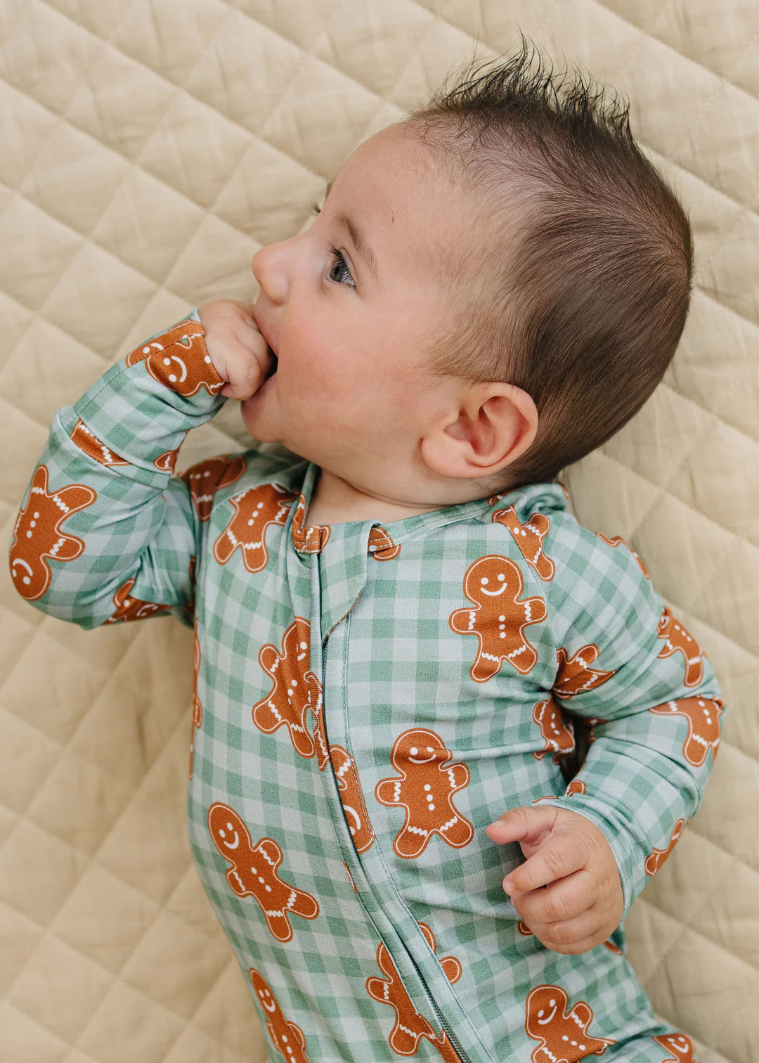 Lucky Panda Kids: Gingerbread Gingham Bamboo Zippy Romper