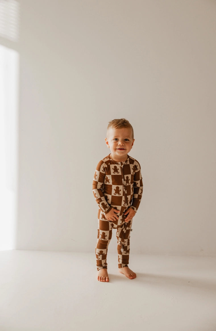Forever French Baby: Gingerbread Checkerboard Bamboo Zippy Romper