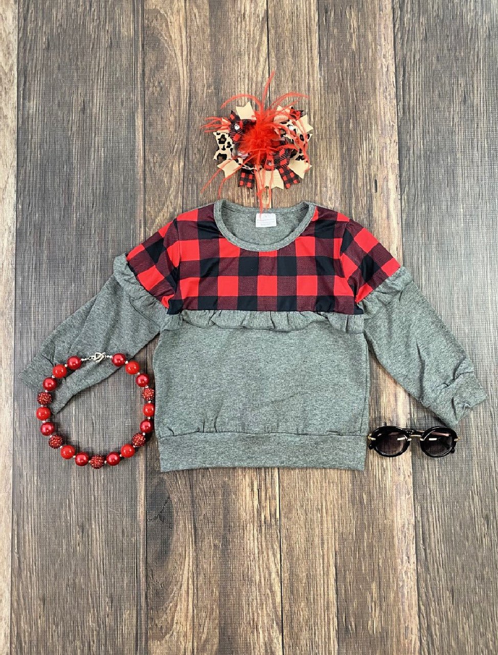 Gray & Buffalo Plaid ruffle crewneck