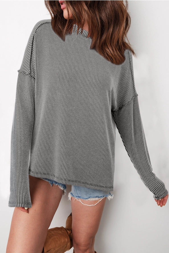 Women's Solid Ribbed Long Sleeve Loose Fit Top- Green Bay Color