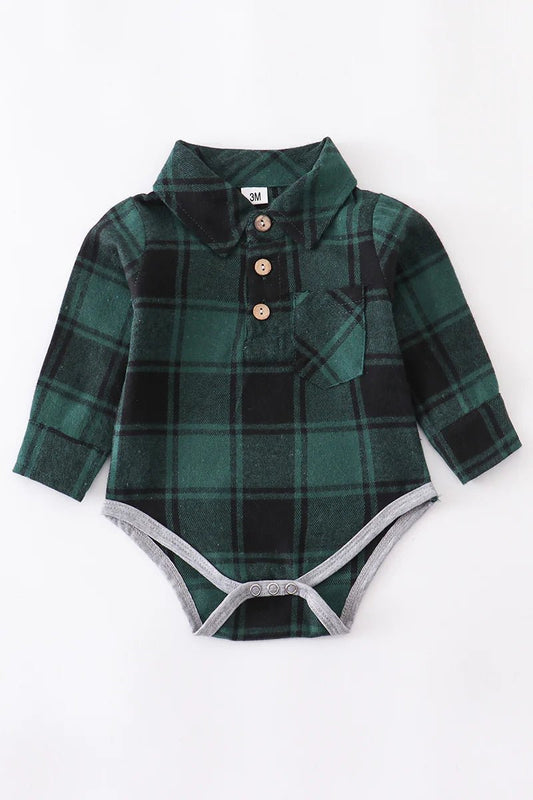 Boys Green Plaid Romper