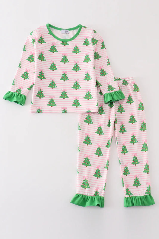 Green Christmas Tree Print Ruffle Girl PJ Set