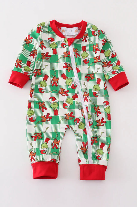 Green Mean One Christmas Print Plaid Zipper Romper