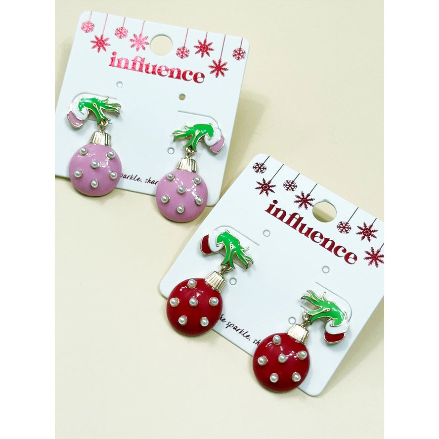 Green Monster Hands Christmas Ornament Earring Set