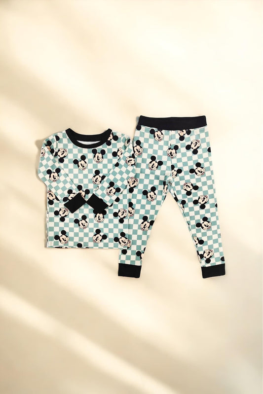 Little One Shop: Teal Checkered Mouse Bamboo Two Piece Set