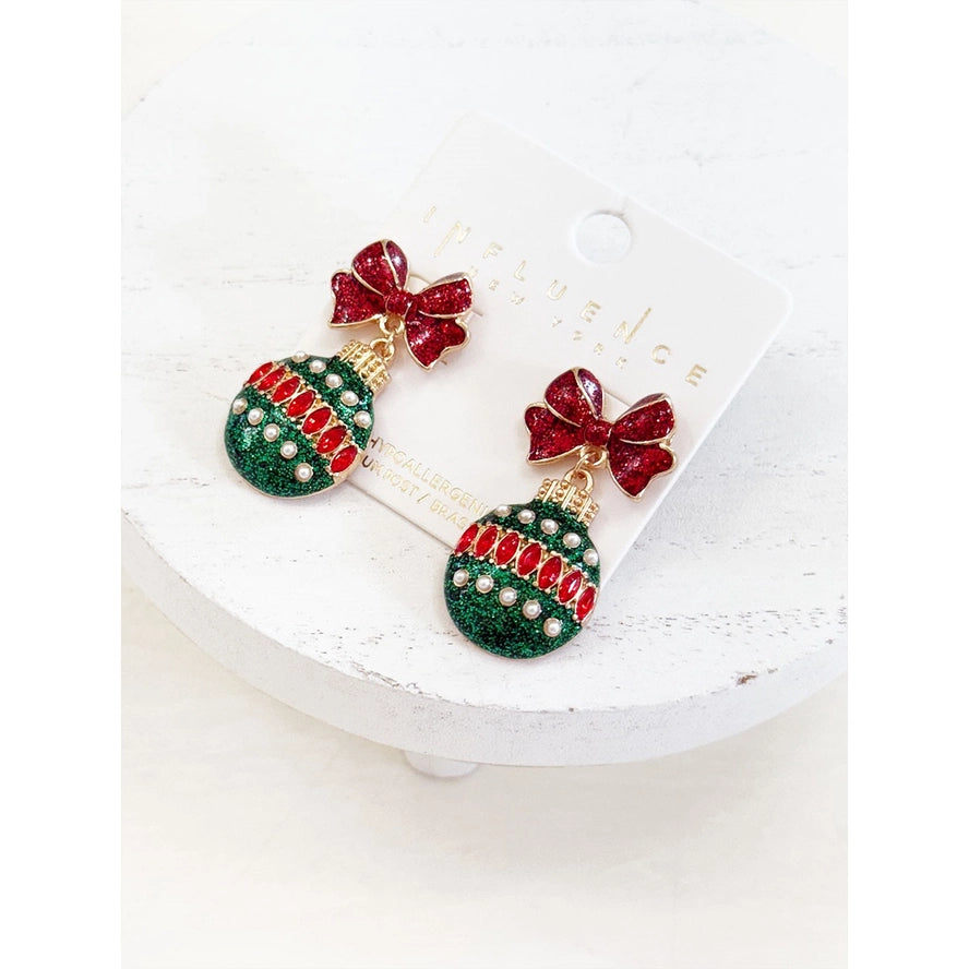 Christmas Ornament Ball Earrings with Sparkly Bow