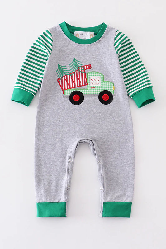 Green Stripe Christmas Truck Boy Romper