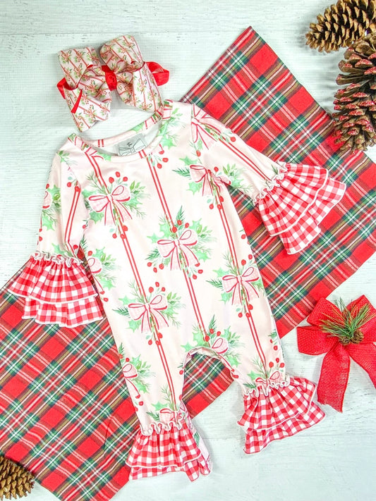Holly Bows & Stripes Ruffle Romper
