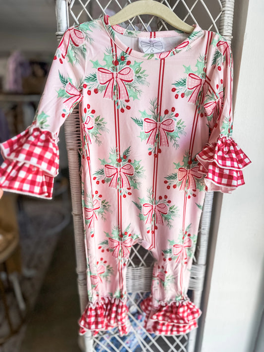 Holly Bows & Stripes Ruffle Romper