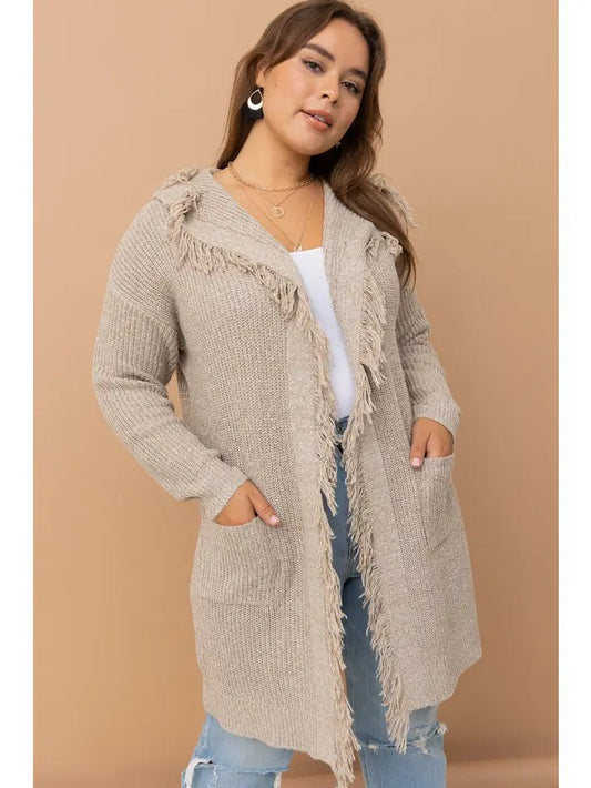 ALL SIZES- Hooded Fringe Knit Open Cardigan