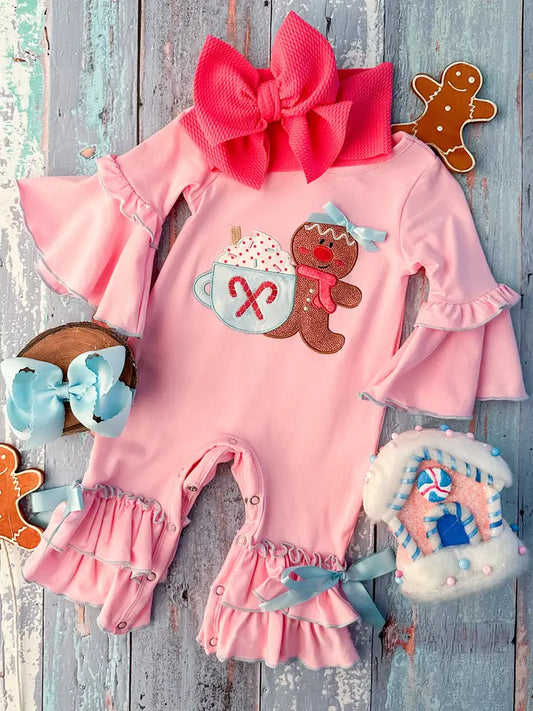 Pink Hot Cocoa & Gingerbread Ruffle Romper