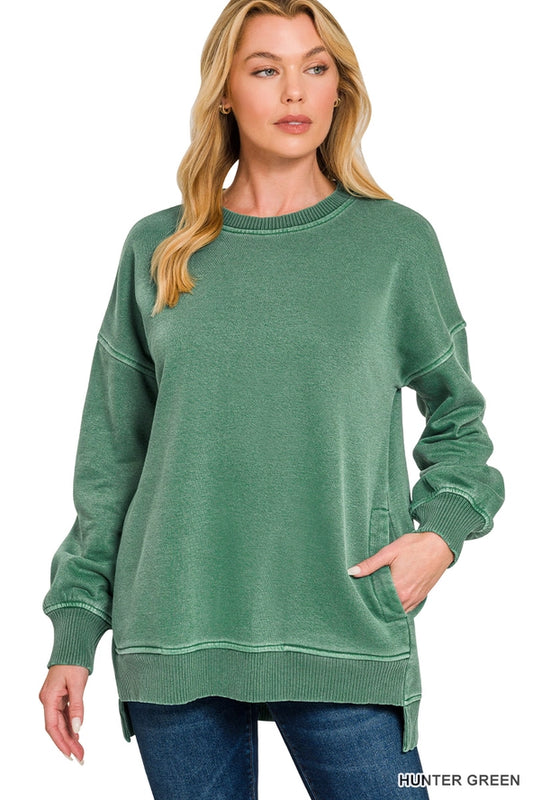 Pigment Dye Fleece Oversized Pullover- Hunter Green Color