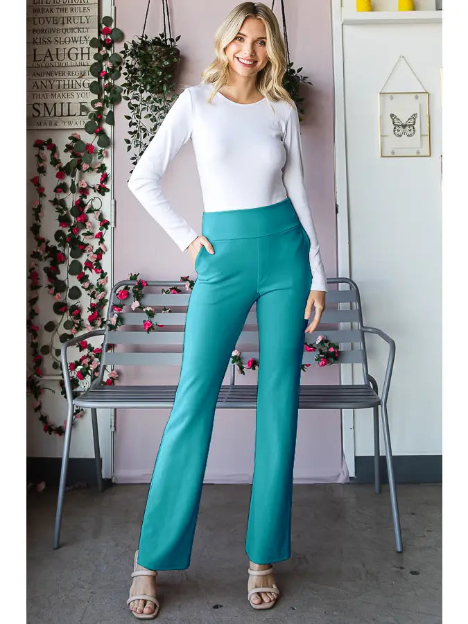 Women's Flare Dress Pants with Side Waist Band and Pocket- MULTIPLE COLORS