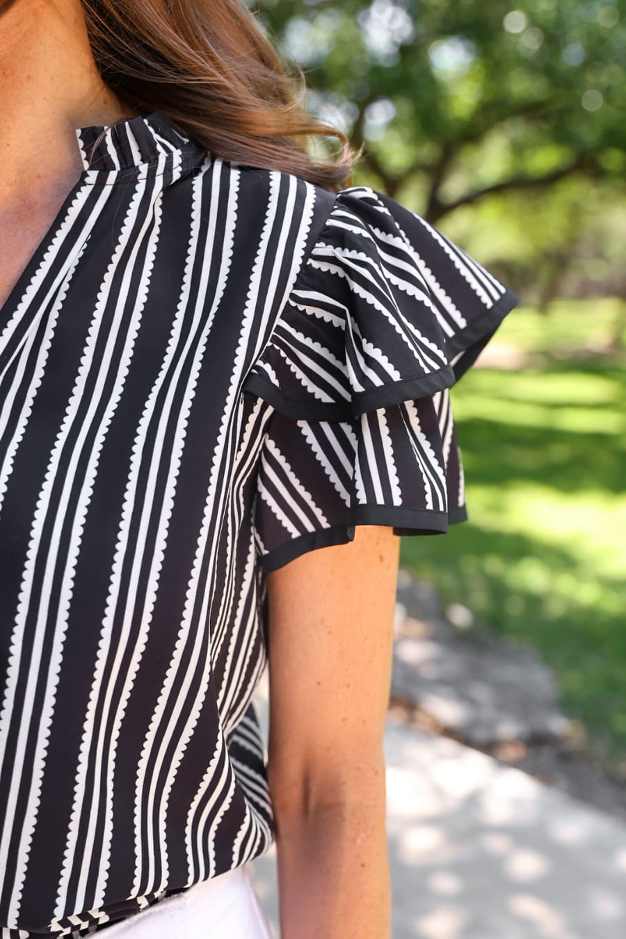 Layla Striped Flutter Sleeve Blouse- Black