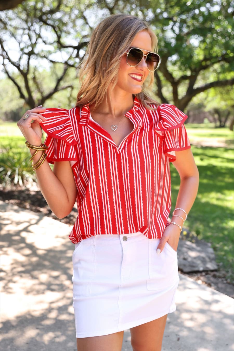 Layla Striped Flutter Sleeve Blouse- Red