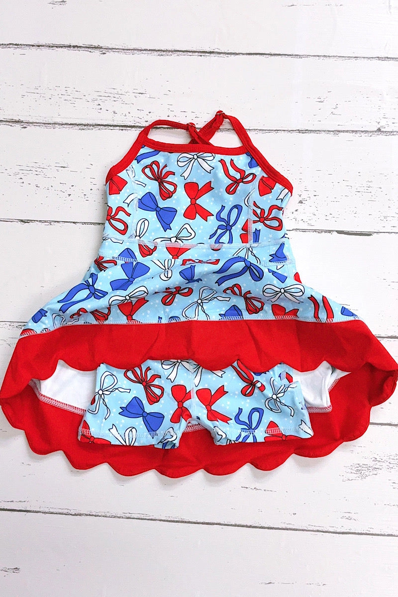 Light Blue Patriotic Bow Athletic Dress w/Scallop Hem
