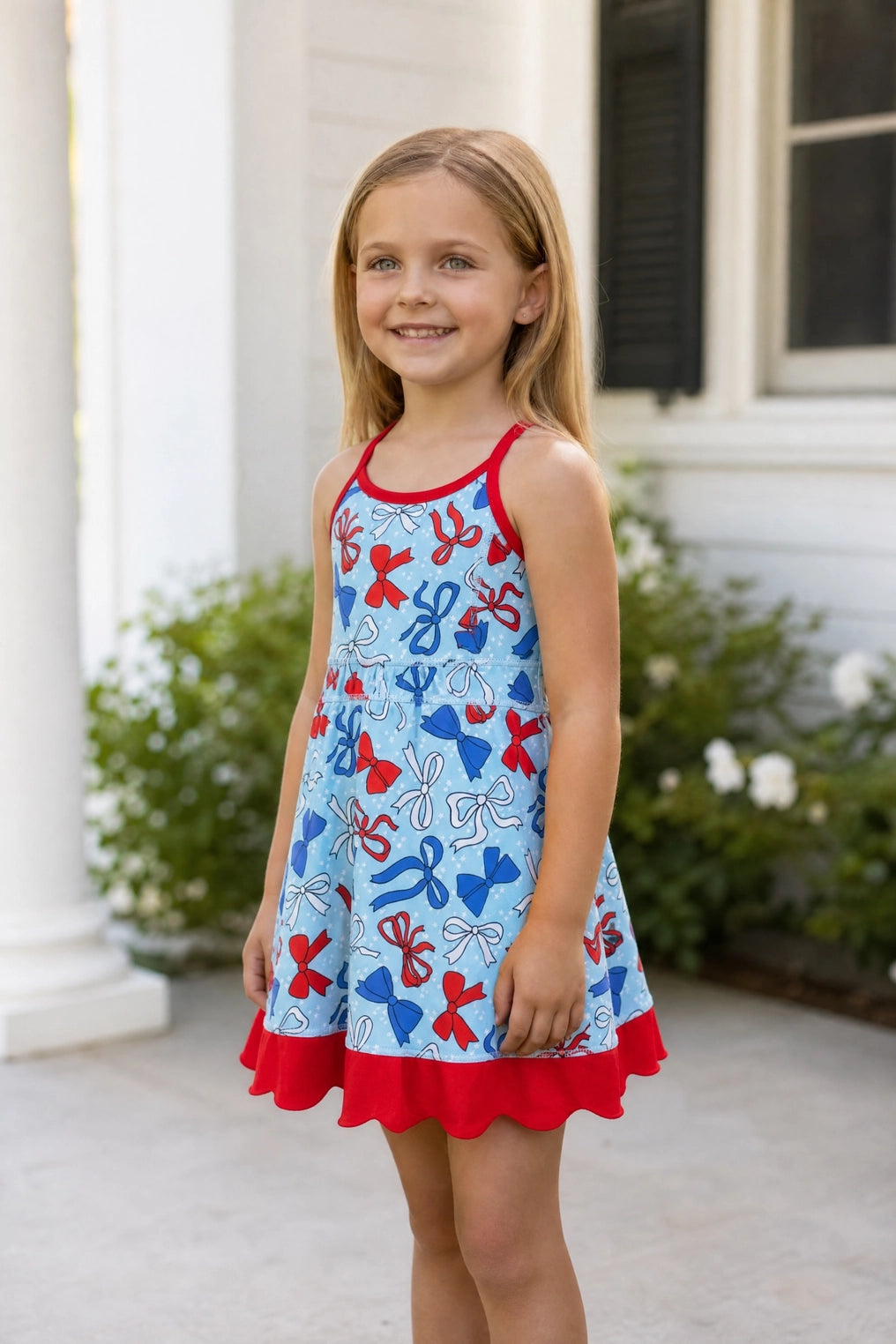 Light Blue Patriotic Bow Athletic Dress w/Scallop Hem