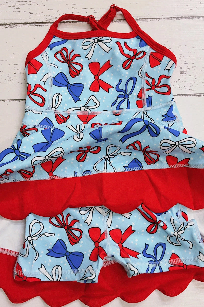 Light Blue Patriotic Bow Athletic Dress w/Scallop Hem