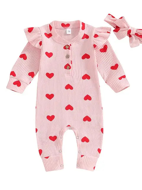 Pink Ribbed Hearts Romper w/headband