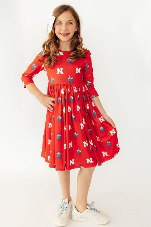 Nebraska Red Herbie Husker 3/4 Sleeve Pocket Twirl Dress