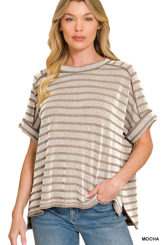 Zenana: Raised Rib Striped Exposed Seam Top- Mocha