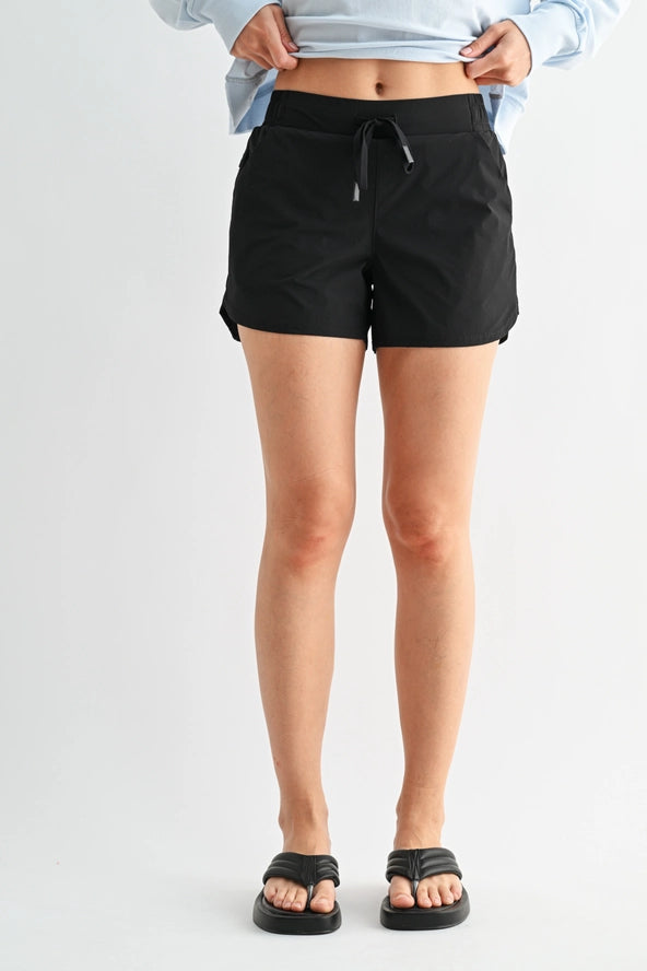 Mono B: Lined Athleisure Shorts with Curved Hemline- BLACK