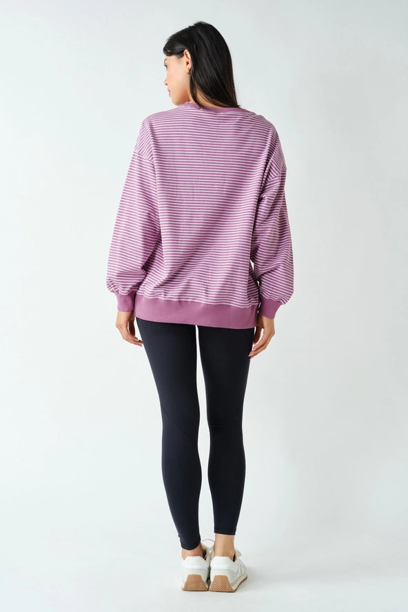 Mono B: Coastal Striped Crewneck Sweatshirt- Mulberry