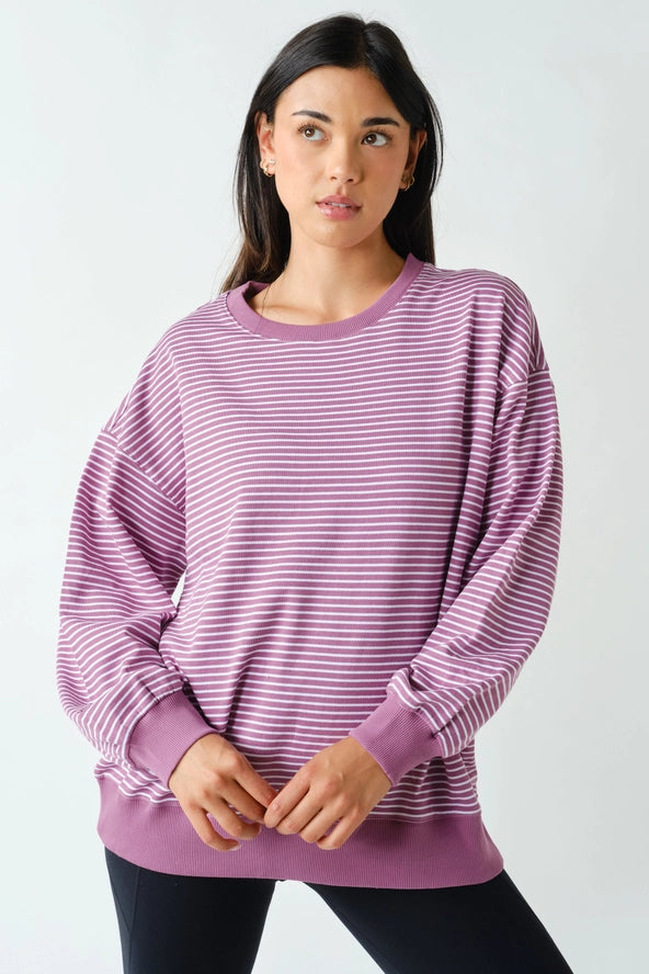 Mono B: Coastal Striped Crewneck Sweatshirt- Mulberry