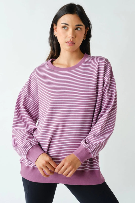 Mono B: Coastal Striped Crewneck Sweatshirt- Mulberry