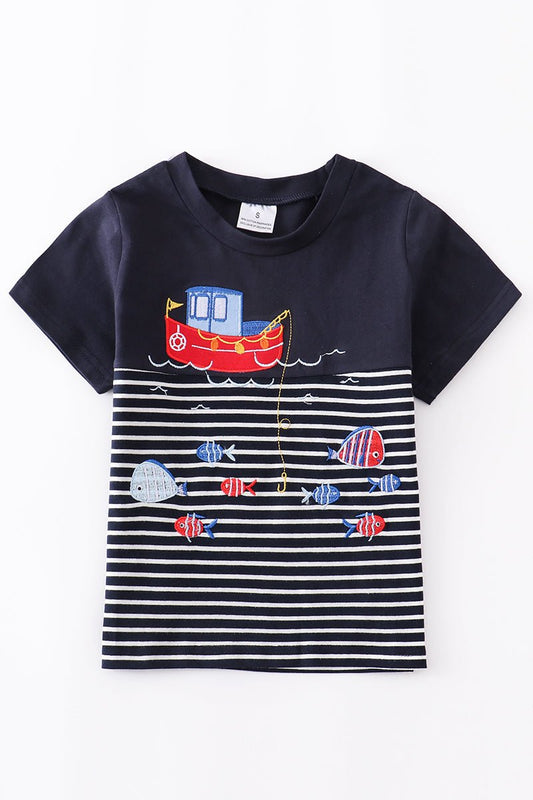 Boys Navy Striped Boat Shirt