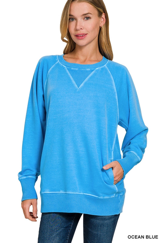 Pigment Dyed French Terry Pullover with Pockets- Ocean Blue Color