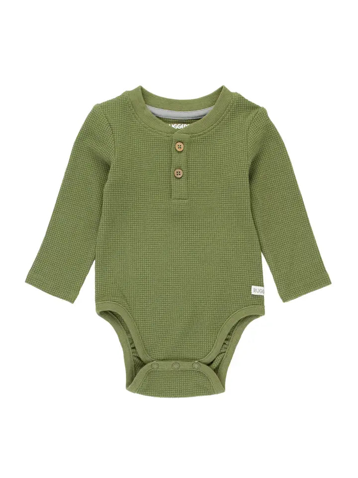 RuffleButts+RuggedButts: Dusty Olive Waffle Knit Henley Bodysuit