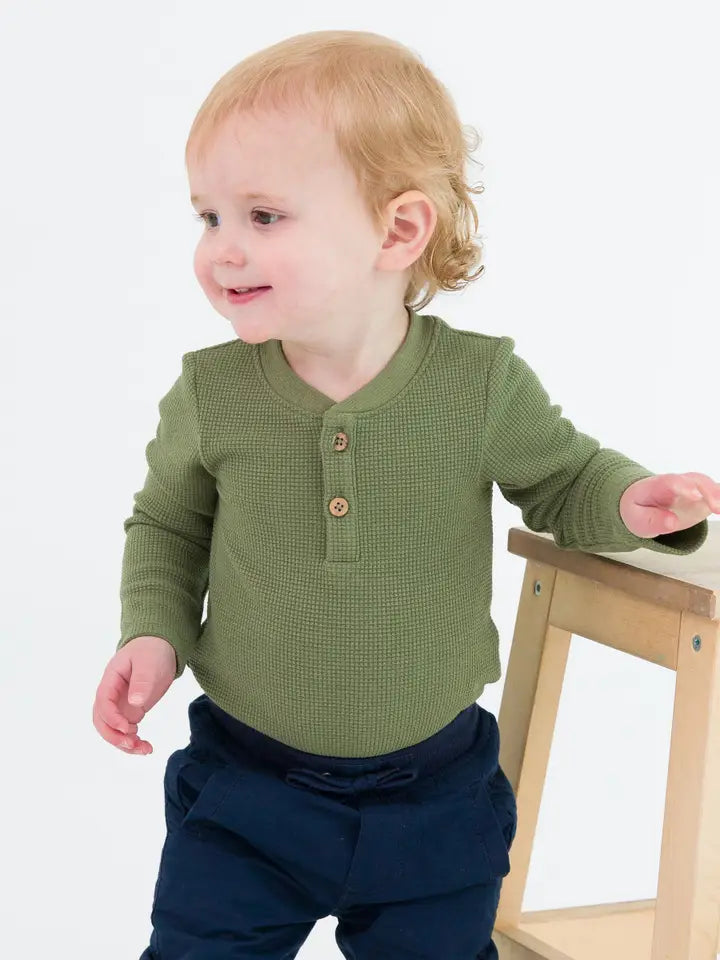 RuffleButts+RuggedButts: Dusty Olive Waffle Knit Henley Bodysuit