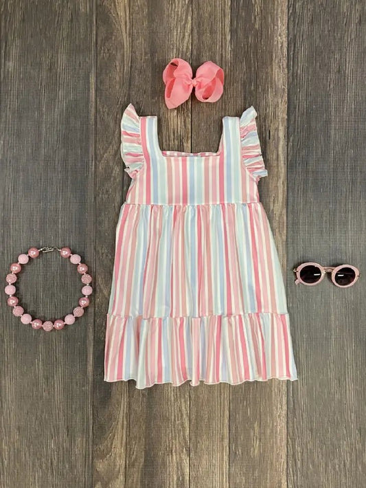 Multicolor Pastel Stripe Flutter Sleeve Dress