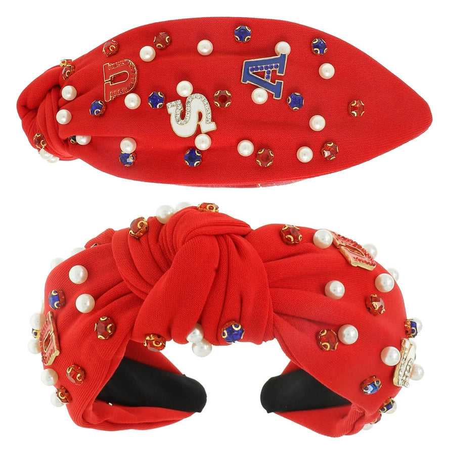American Flag USA Pearl Rhinestone Beaded Headband-RED