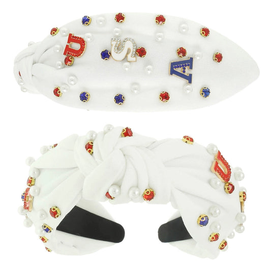 American Flag USA Pearl Rhinestone Beaded Headband-WHITE