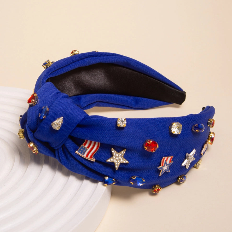 Enamel Charm Crystal Embellished Top Knotted Headband-BLUE