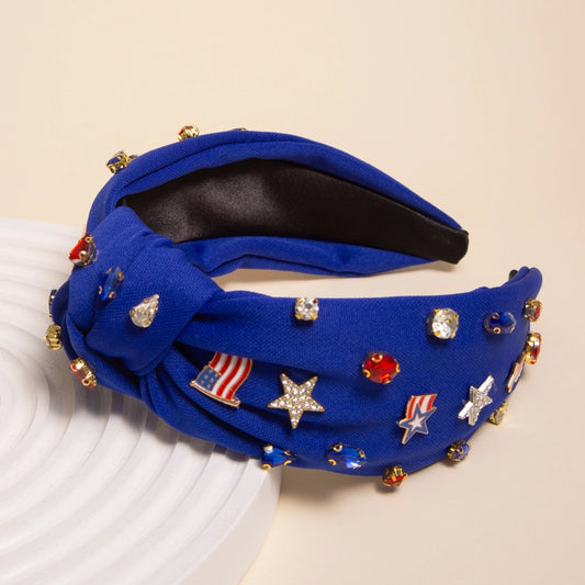 Enamel Charm Crystal Embellished Top Knotted Headband-BLUE