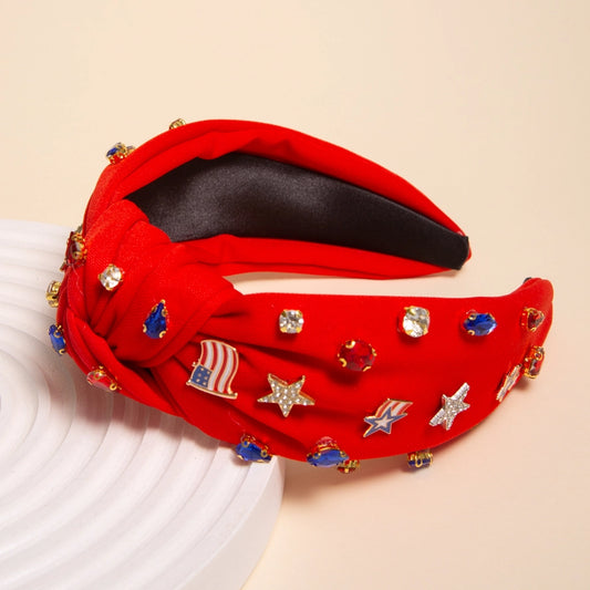 Enamel Charm Crystal Embellished Top Knotted Headband-RED