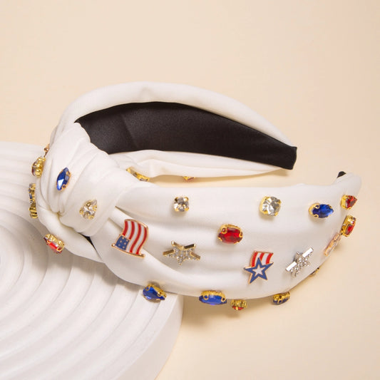 Enamel Charm Crystal Embellished Top Knotted Headband-WHITE