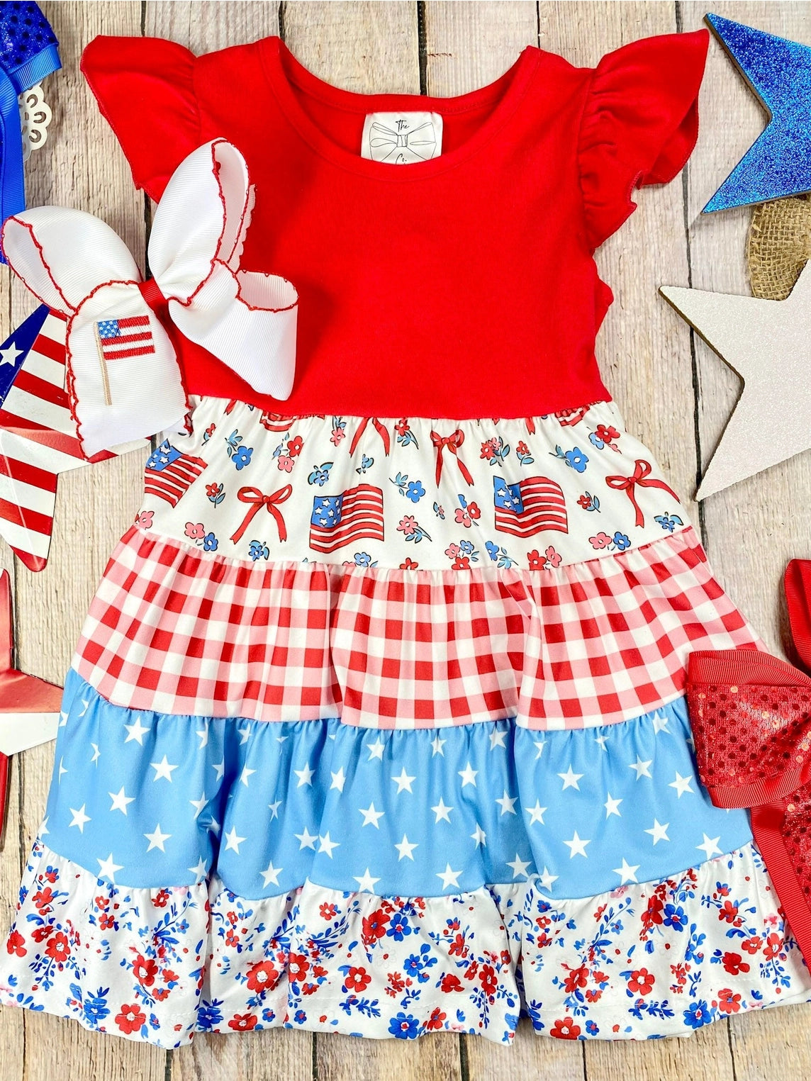 Girls Red White & Blue Patriotic Patchwork Twirl Dress