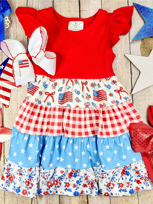 Girls Red White & Blue Patriotic Patchwork Twirl Dress
