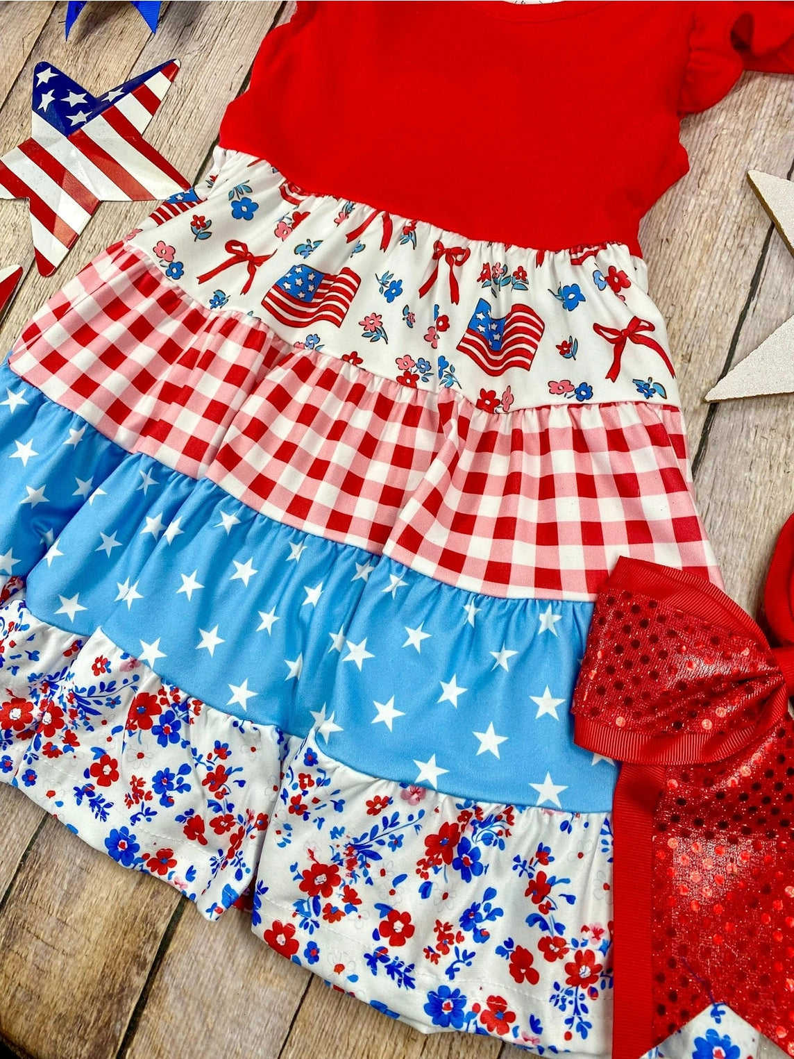 Girls Red White & Blue Patriotic Patchwork Twirl Dress